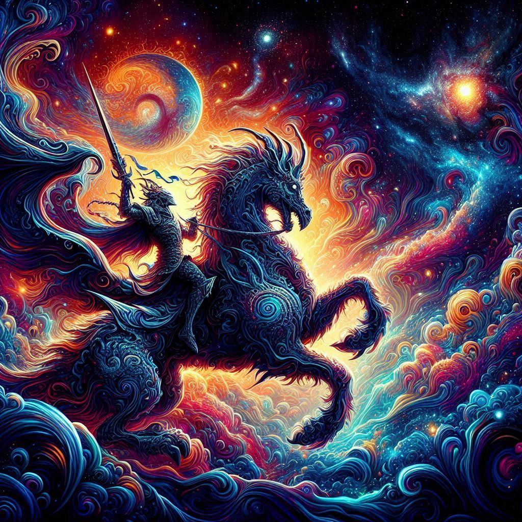 A magical knight riding on the back of a dragon