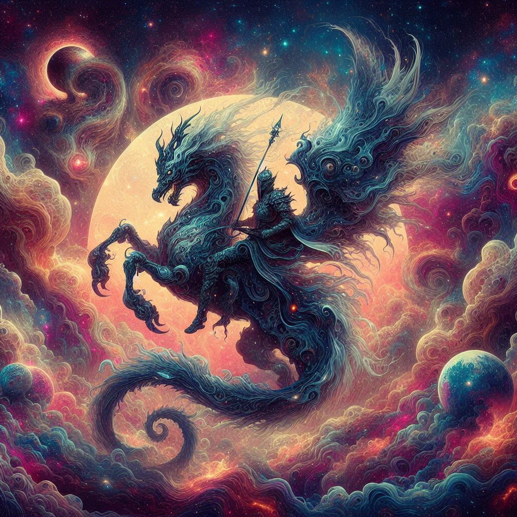 A magical knight riding on the back of a dragon, inspired by Ren Xun, psychedelic art, anthropomorphic silhouette, floating in the cosmos ne...