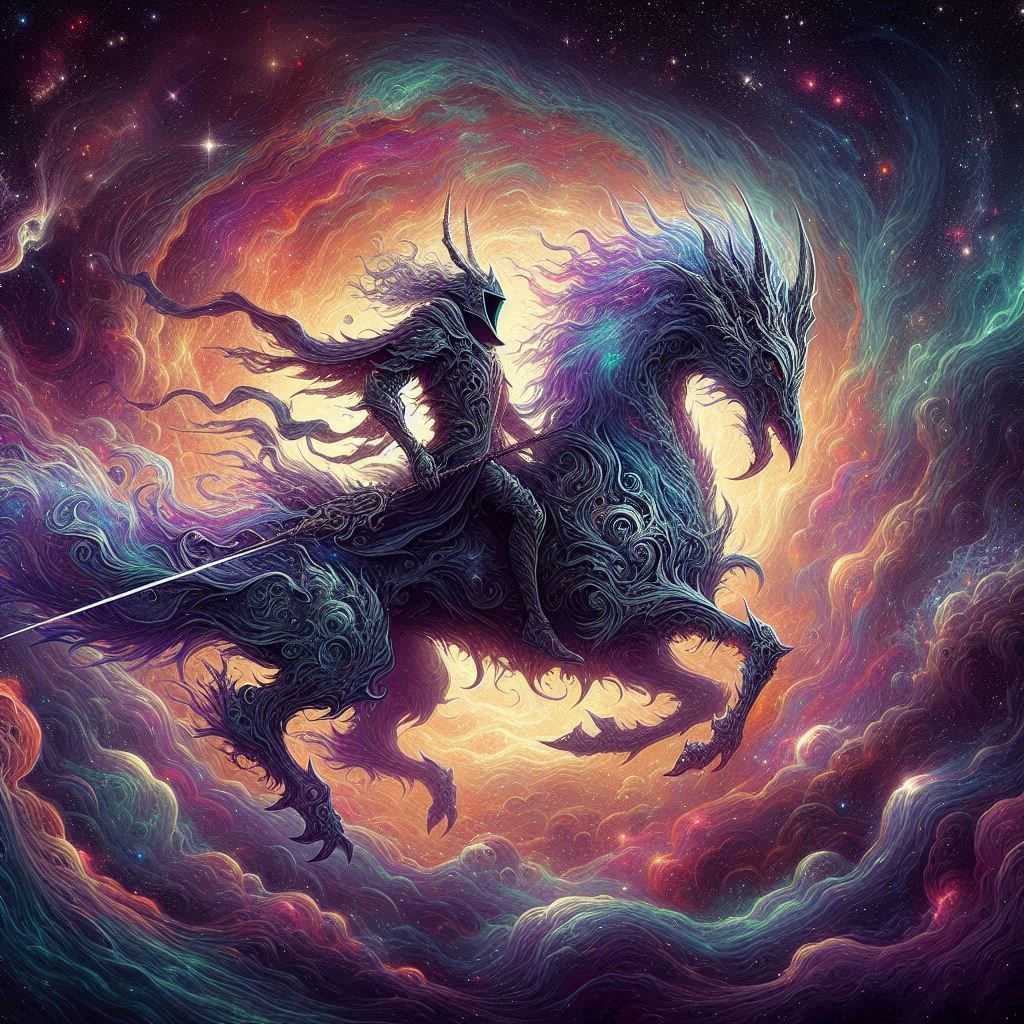 A magical knight riding on the back of a dragon