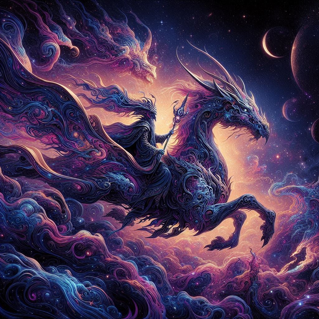 A magical knight riding on the back of a dragon