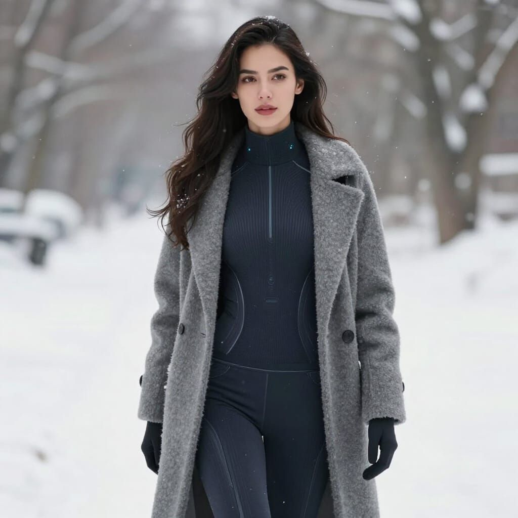 A beautiful woman in a snowy landscape. She has long hair and is wearing winter Fashion clothes, the ultimate cold-weath...