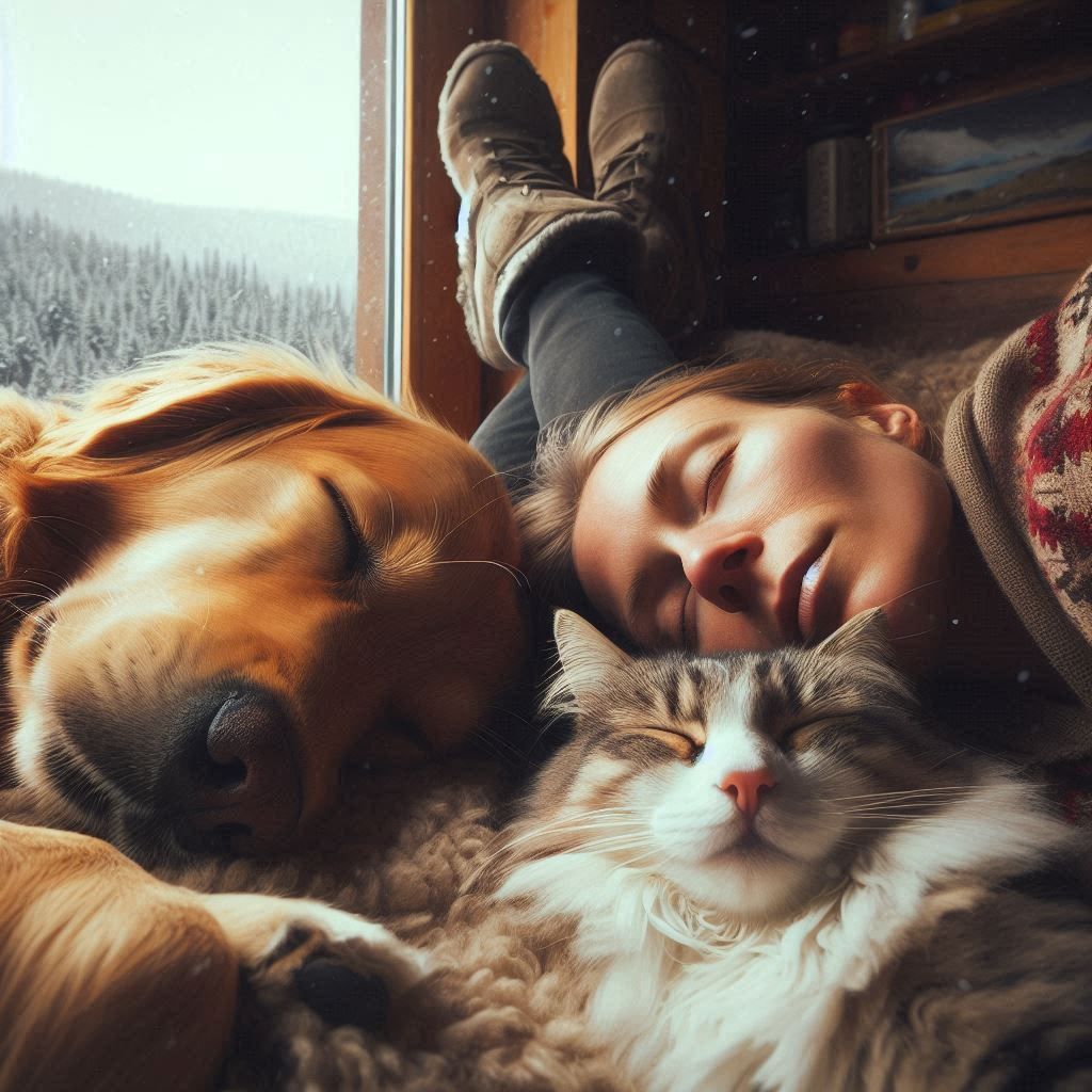 two dogs, xyz cats sleeping next to me. a moment to contemplate the beauty around and find peace and serenity in the pre...