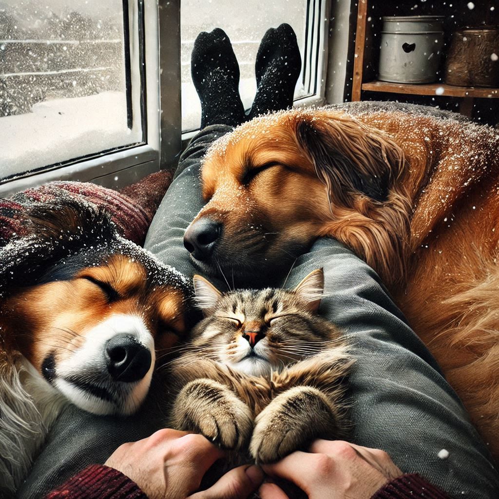 two dogs, xyz cats sleeping next to me. a moment to contempl...