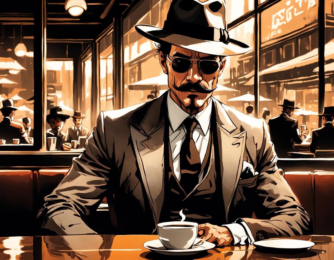 Inkpunk Fedora Man in Cafe, Character Concept Art