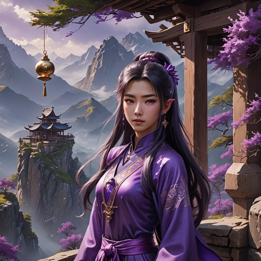 xianxia, purple eyes, long hair in a ponytail, purple clothes. in the ...