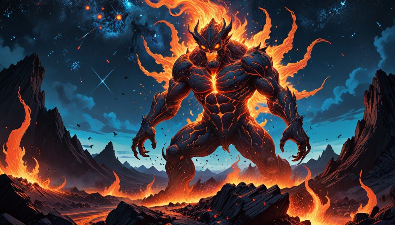 A colossal fire demon, its form composed of swirling embers and molten rock, erupts from a cracked volcanic landscape under a sky filled wit...