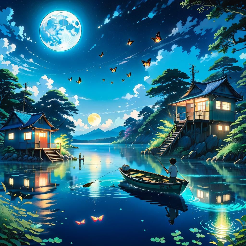 Sparkling catch-lights, fire flies, vibrantly coloured sky, boy fishing from a boat on a frothing blue lake, light comin...