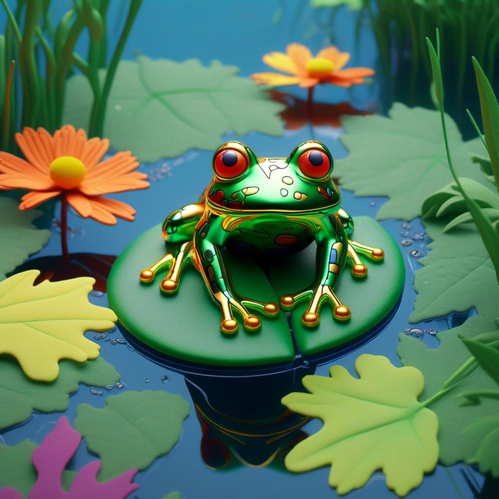 <lora:Haring 3D:1.0> a  frog on a leaf in a pond, 3D