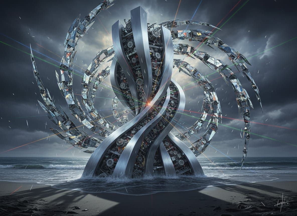 multitudes of colossal skyscraper sized, intricate kinetic sculpture  resembling multiple blocks separated by tiny intricate mechanisms risi...