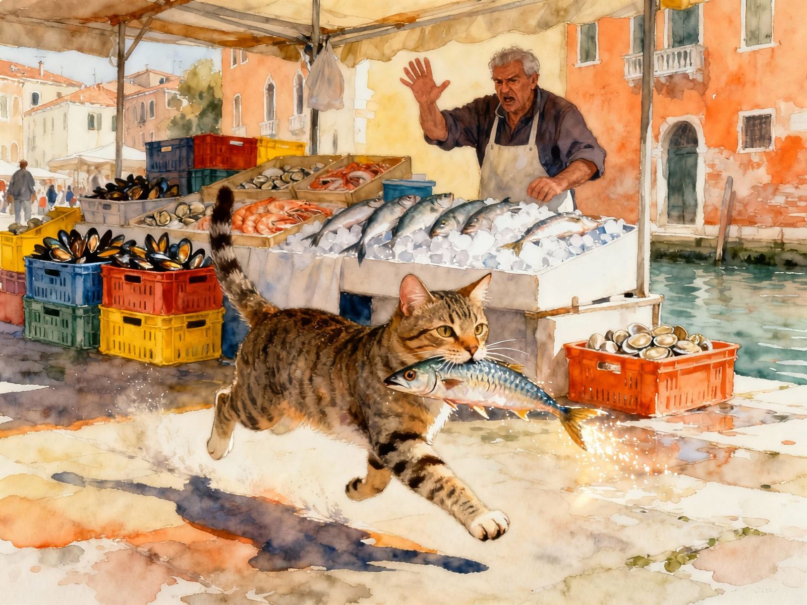 A watercolor depicting a cat with a fish in its mouth, running away with a grin from a fishmonger market ...  by @AutumnBear