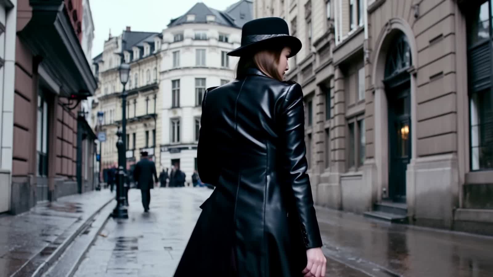 CARMEN SANDIEGO AS A MAFIA GIRL WALKING IN THE STREETS OF LONDON.