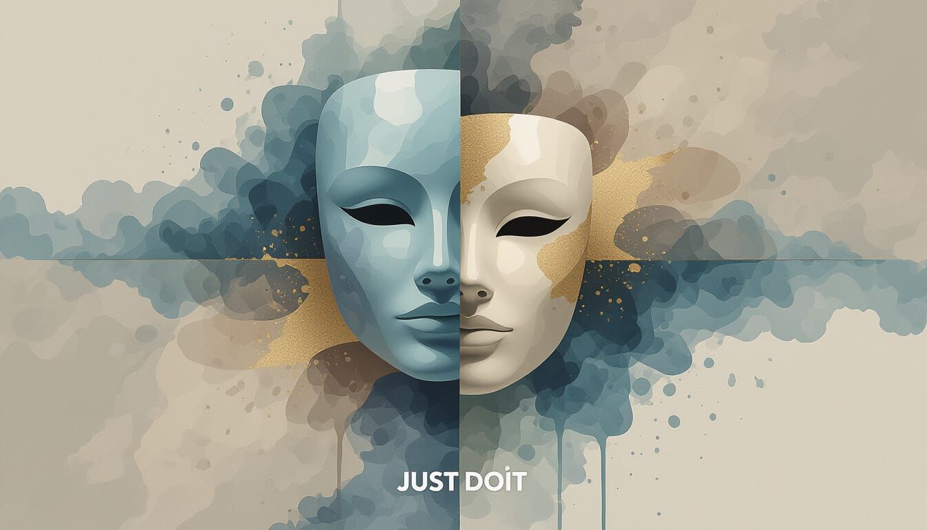 Abstract conceptual background in 16:9 format inspired by the theme “What We Hide from Others”. No human faces. Use abstract mask shapes, la...