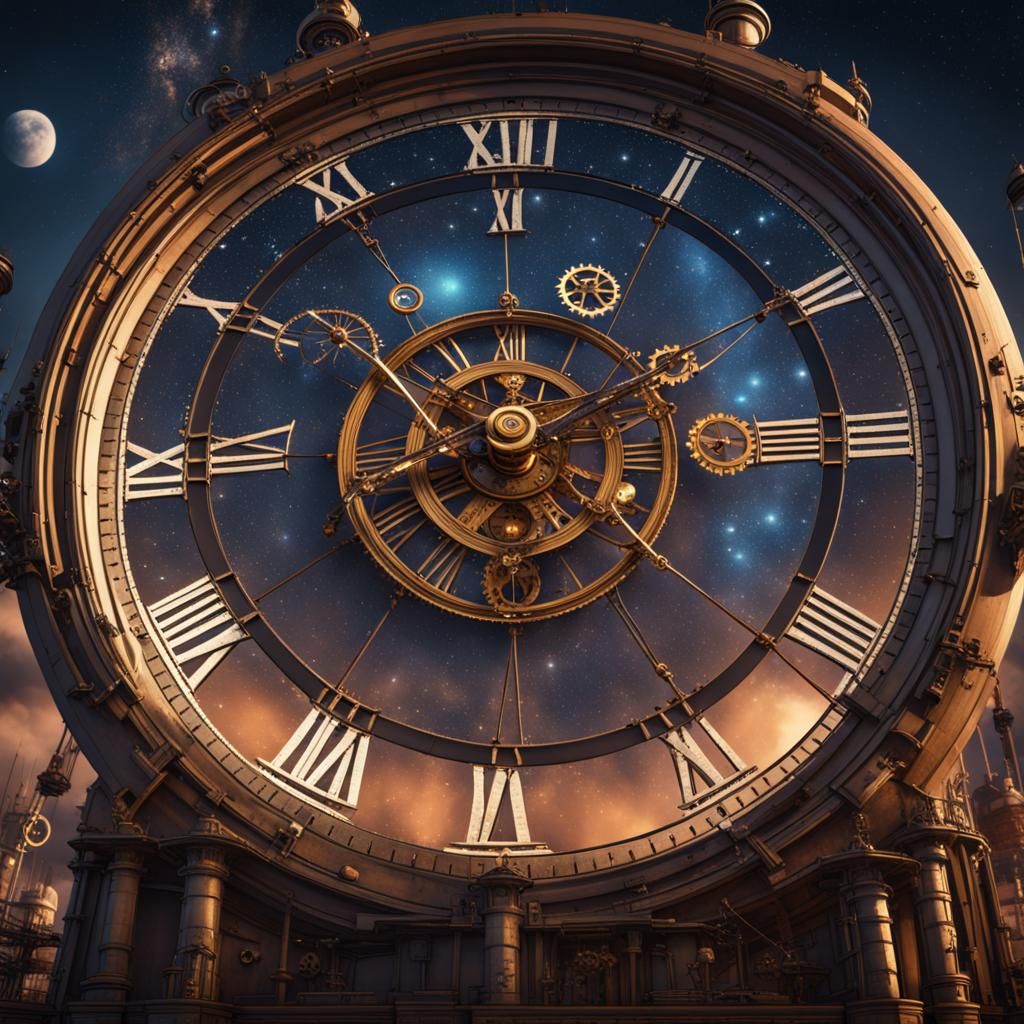 Steampunk Clock Ticking Under Cosmic Stars