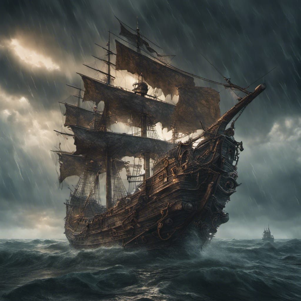 Skeleton Pirate Ship sailing into Storm