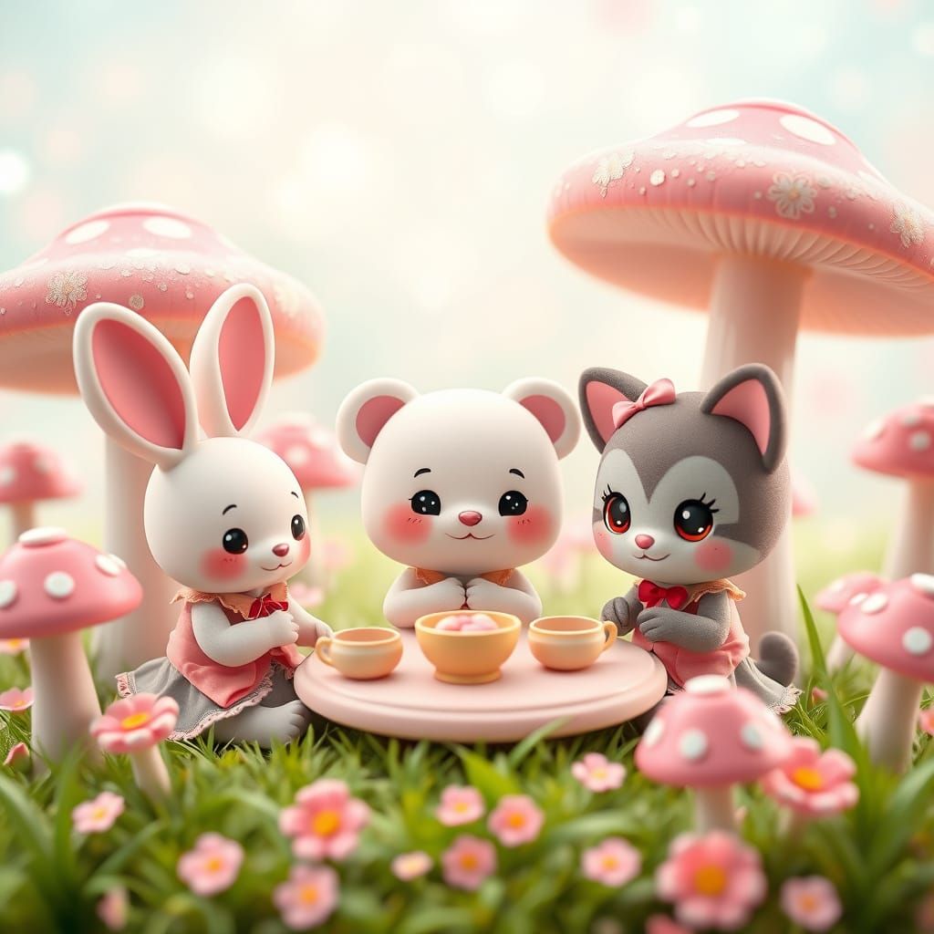 Cartoon Animals' Pastel Mushroom Tea Party