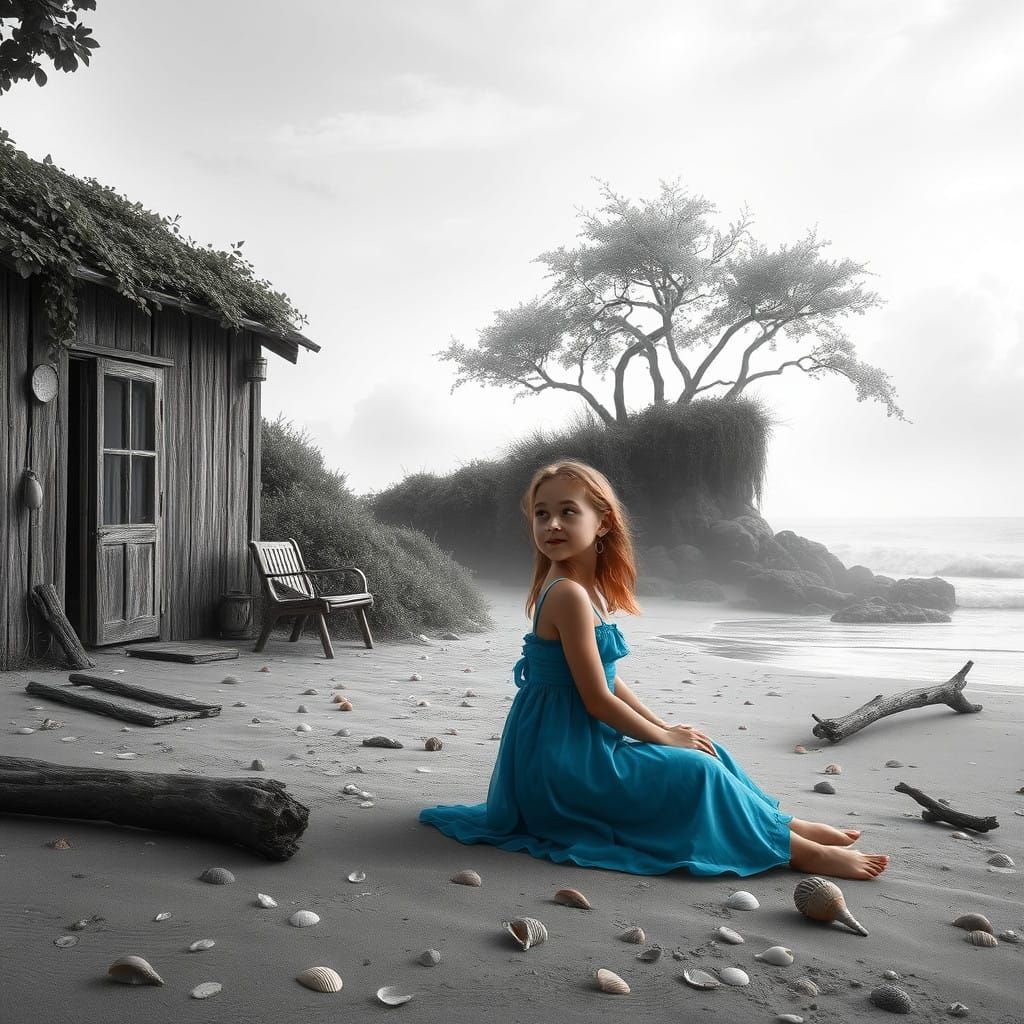 Timeless Beachside Contemplation in Whimsical Fantasy Style