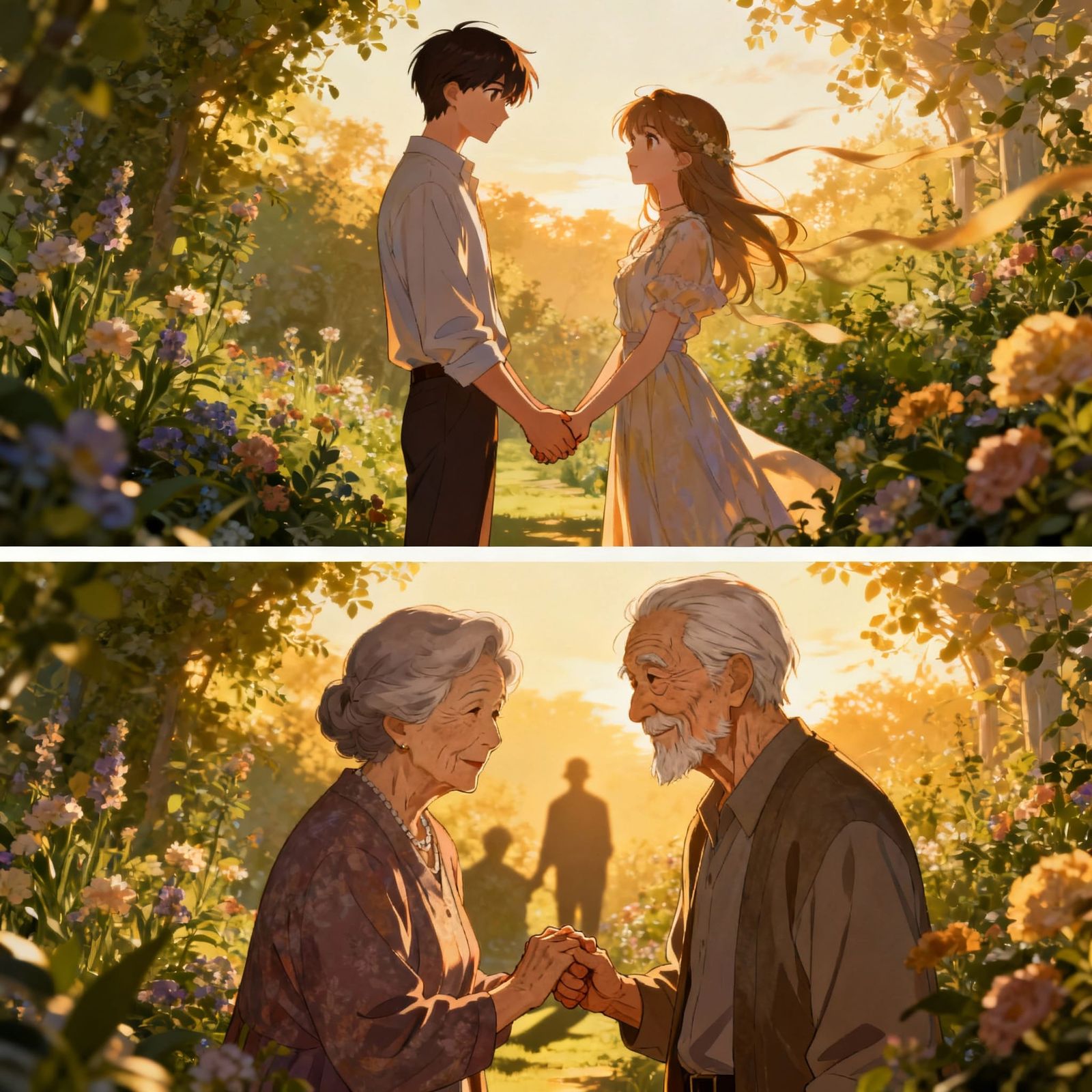 A loving young couple taking their hands in a garden.

The same loving couple, taking their hands in ...  by @Miss velvet