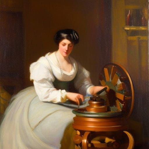 Woman spinning yarn at a Spinning_Wheel, by Francis Hayman AI