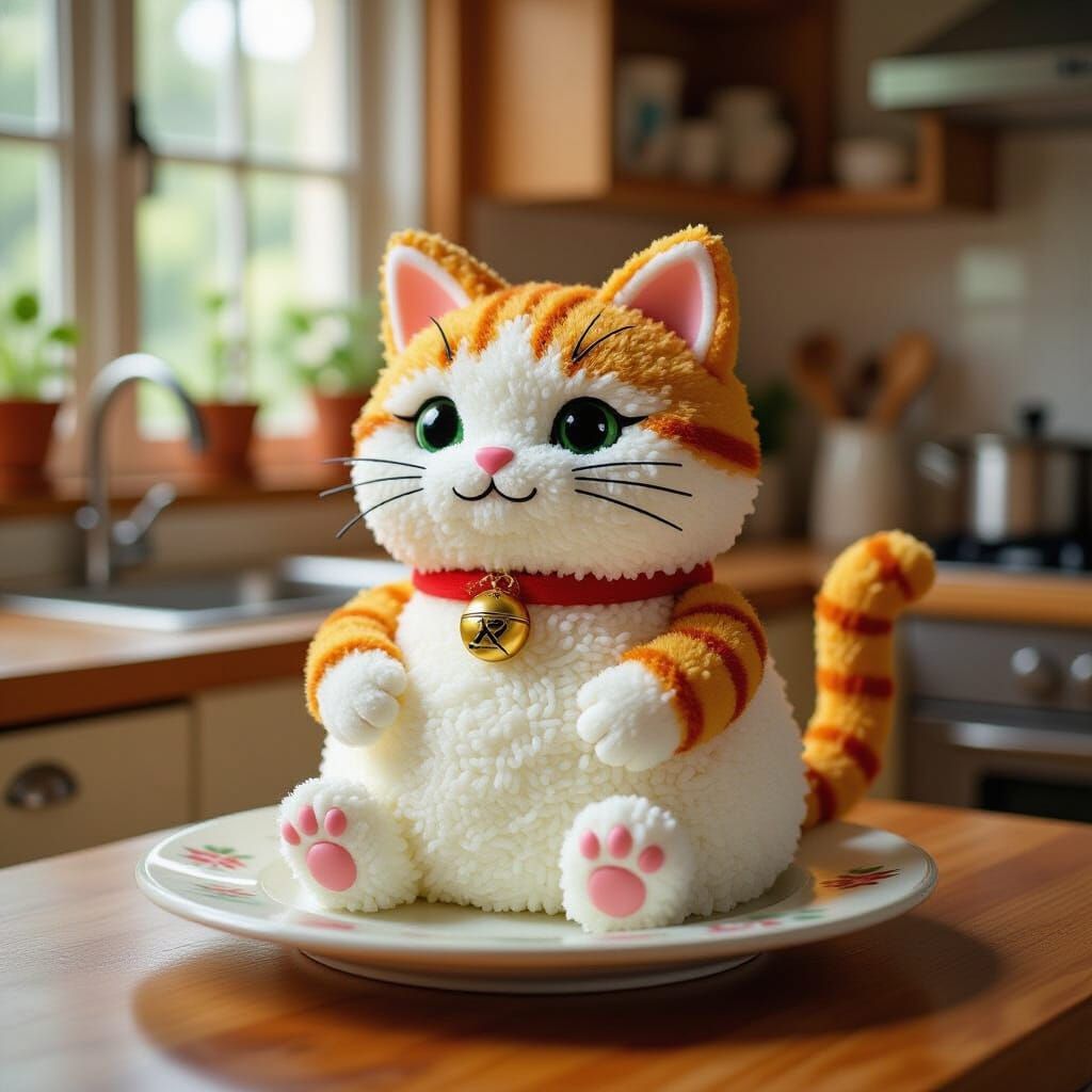 Rice and Schnitzel Cat in Cozy Kitchen