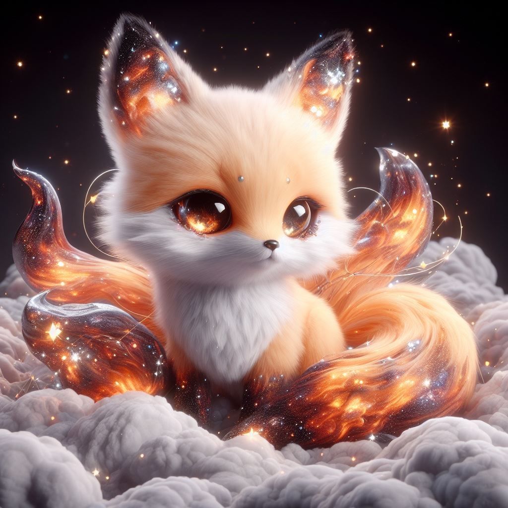 adorable chibi fox made of patronus and glittering magellanic clouds