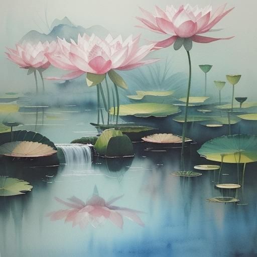 Betta Fish and Lotus in Chinese Watercolor Style