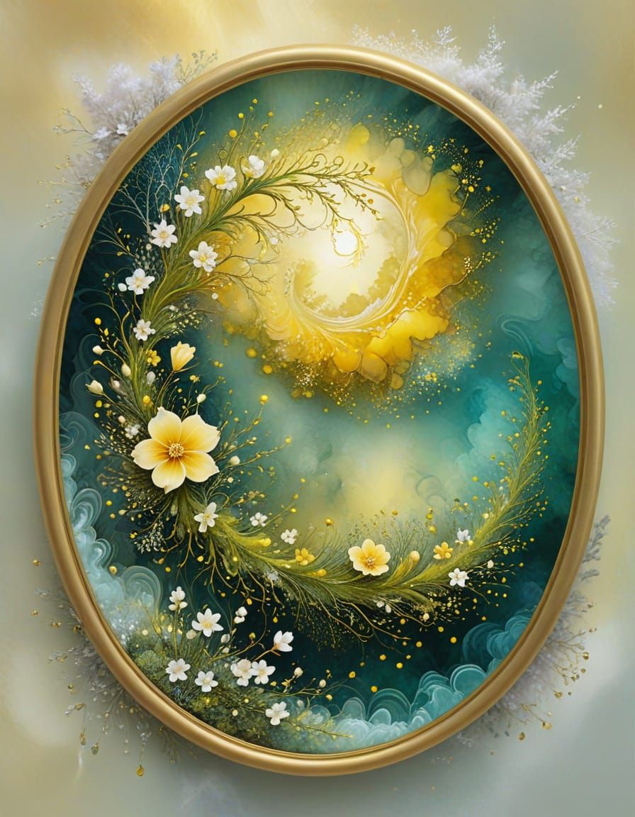 an illustration oval, small image, alcohol ink art yellow-Moss Tuberosa flower and baby's breath, oval gold frame, dream core, circular arra...