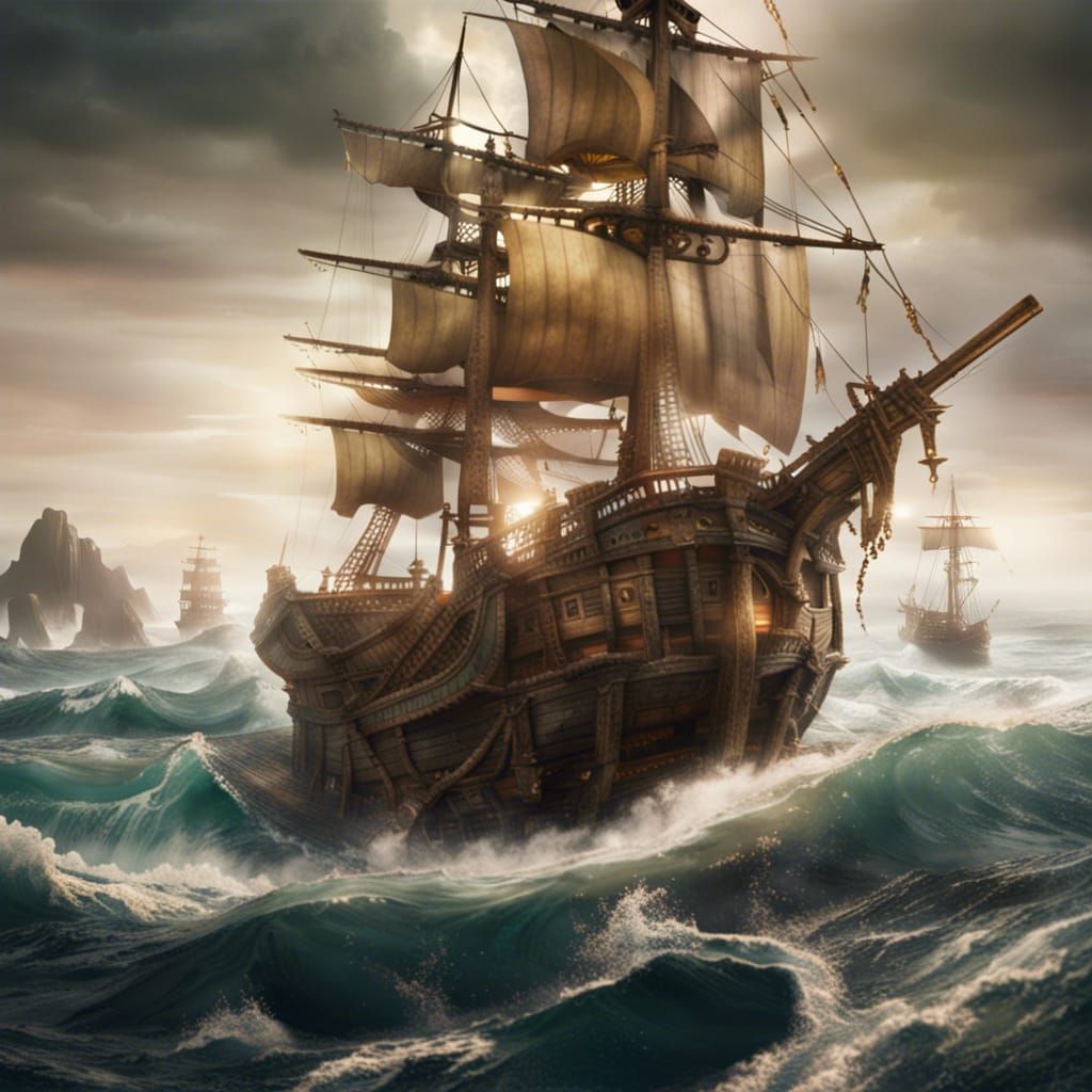 Pirate Galleon Shipwreck with tattered sails and treasure ch...