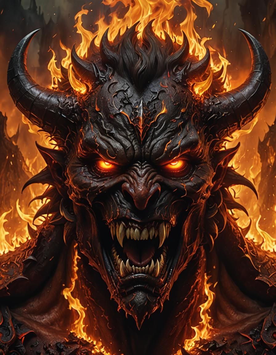 (Hyper detailed artwork of a burning screaming angry devil, handsome ...