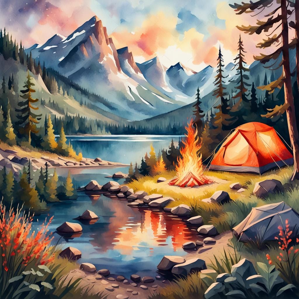 Cozy clearing near a lake surrounded by mountains nature wild plants sunny camping site bright tent lights ...  by @undefined