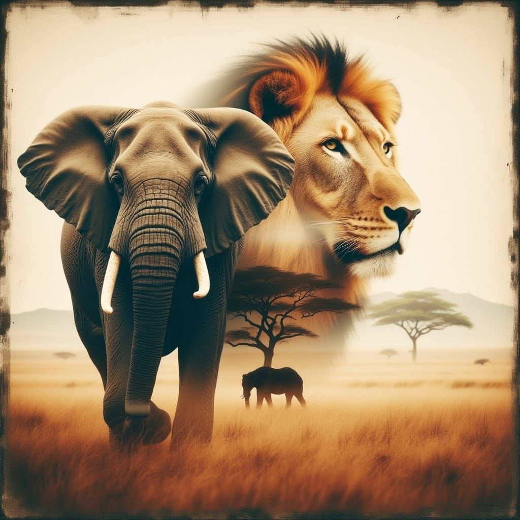 <lora:double exposure of:1.0>
double exposure of a lion on the savannah and an elephant gritty grunge antique watercolor 