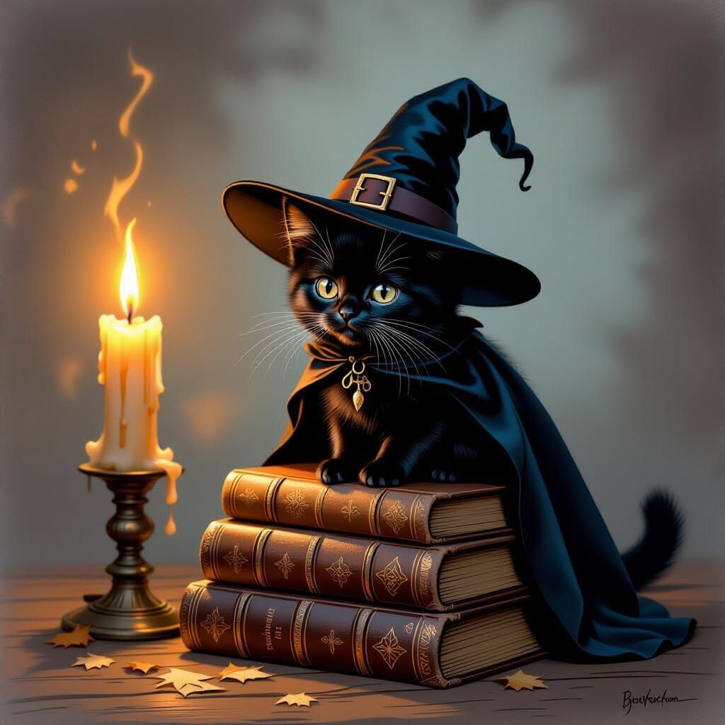 Enchanting Black Cat in Witch Hat on Spellbooks