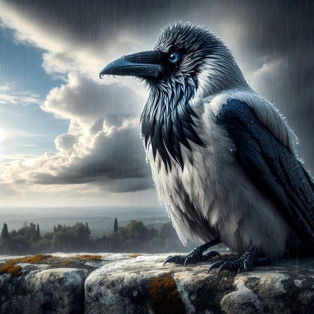 hooded crow waiting out the rain