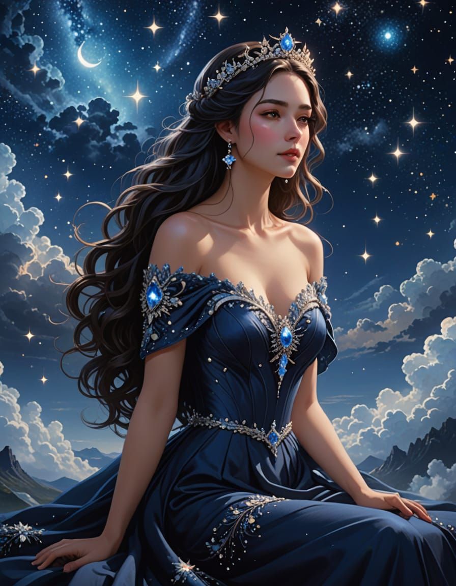 A stunning woman with long, wavy dark hair and fair skin sits gracefully on a cloud, surrounded by a dreamy, cosmic vibe. She's rocking a de...