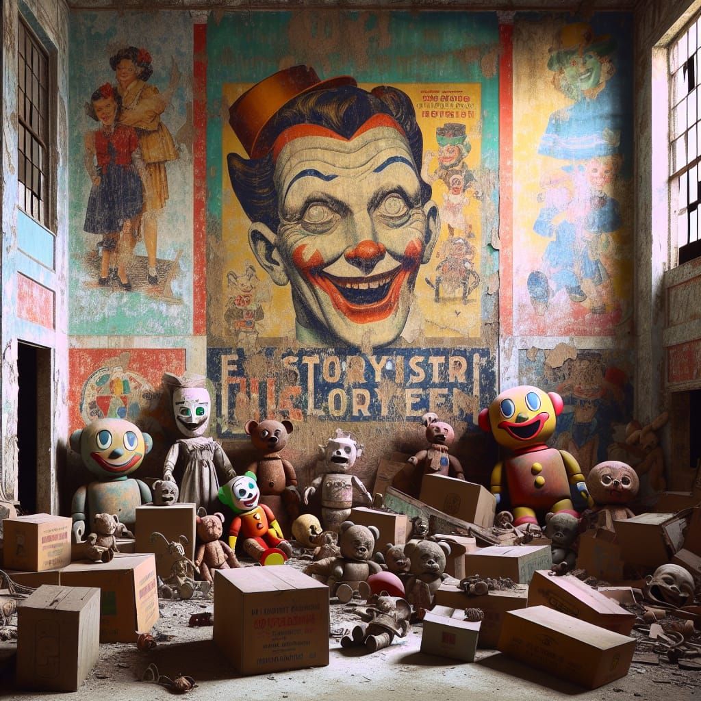 An old, eerie toy factory, the bright colors have faded into...