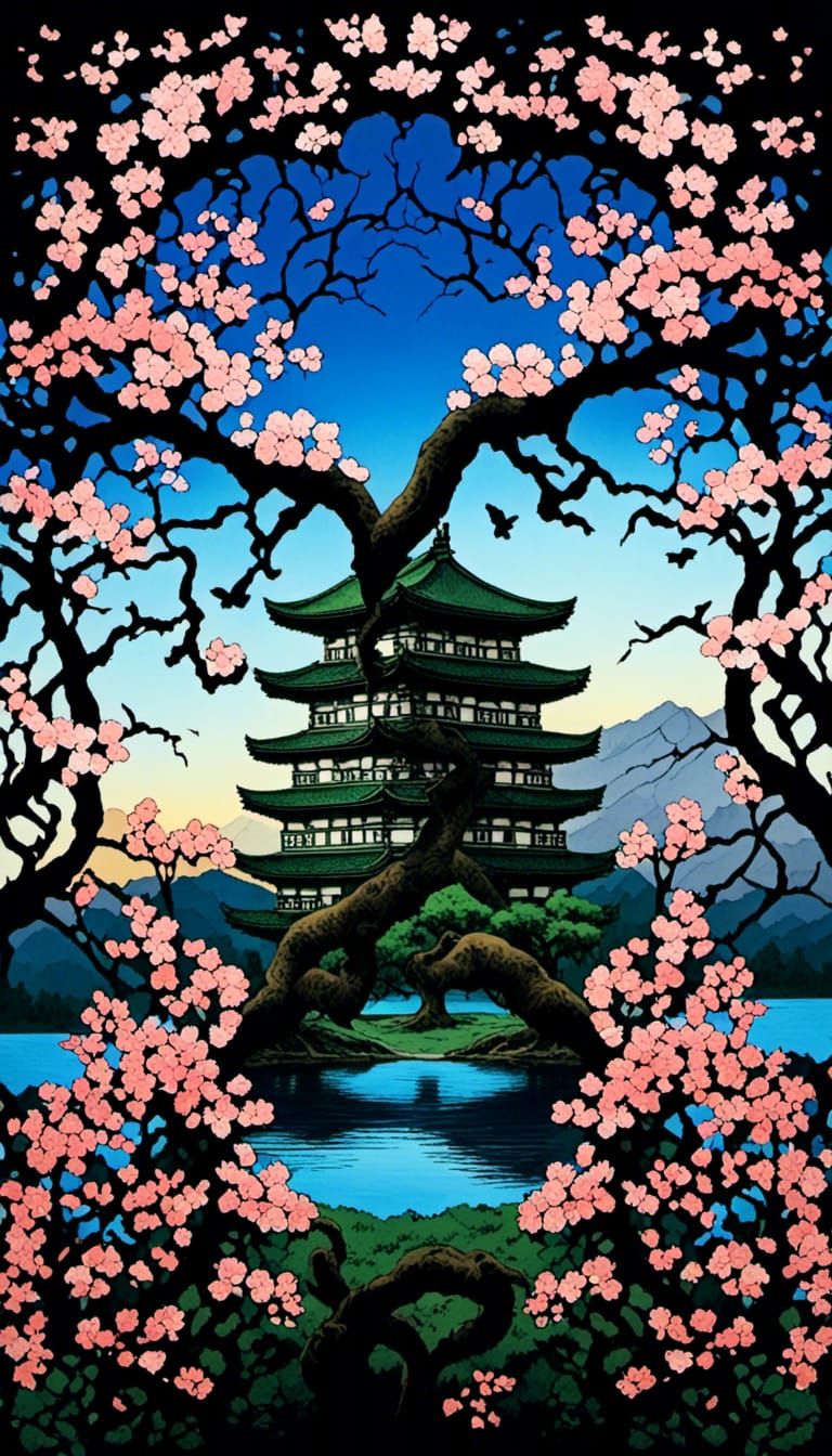 <lora:Bright Knotwork:1.0> A beautiful ancient sakura tree i...