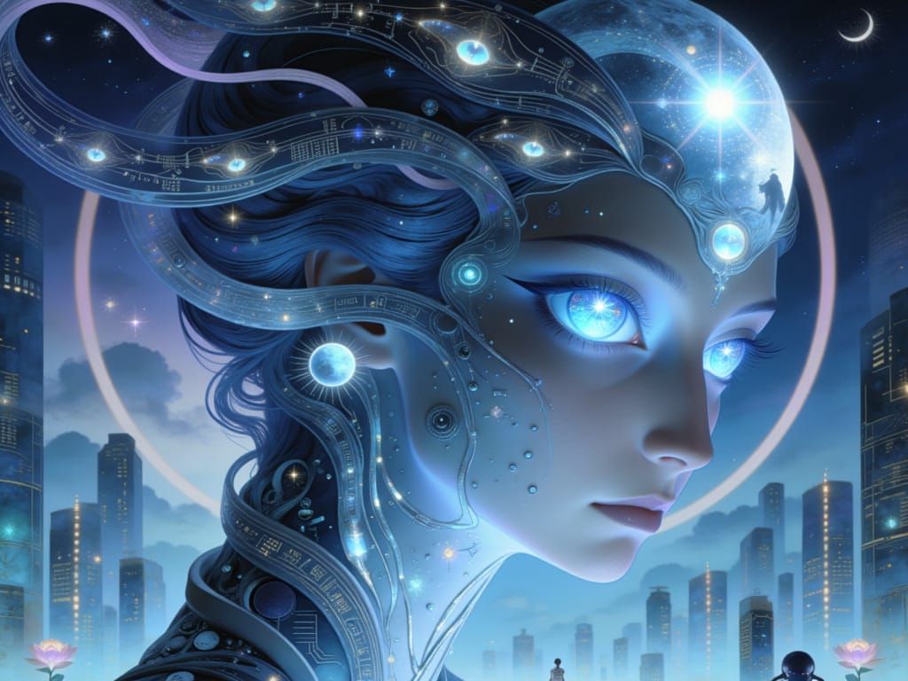 <lora:Ancient Nouveau:1.0>  A surreal Cyber Nouveau close-up of a woman with gently distorted, pixel-perfect features, big star-silver eyes...