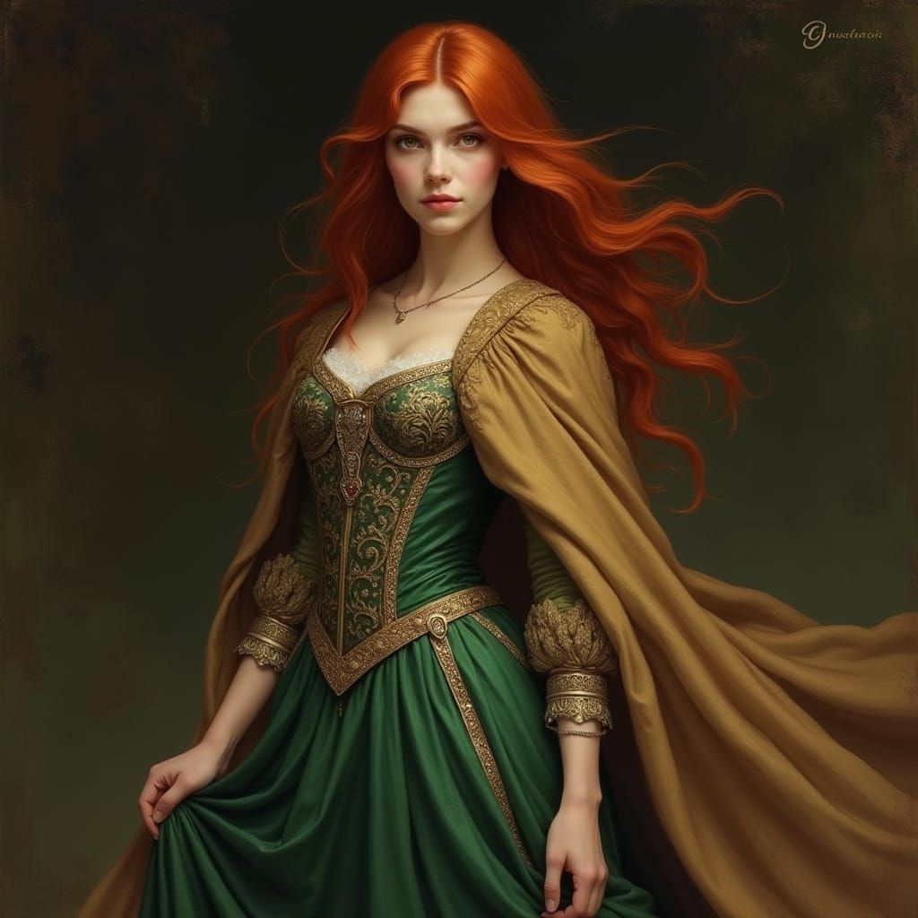 Ethereal Medieval Noblewoman in Rich Embroidered Gown and Ca...