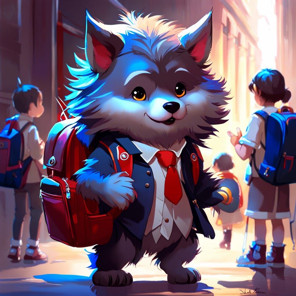 Little Jovie the werewolf is ready for school!  by @Sqweed
