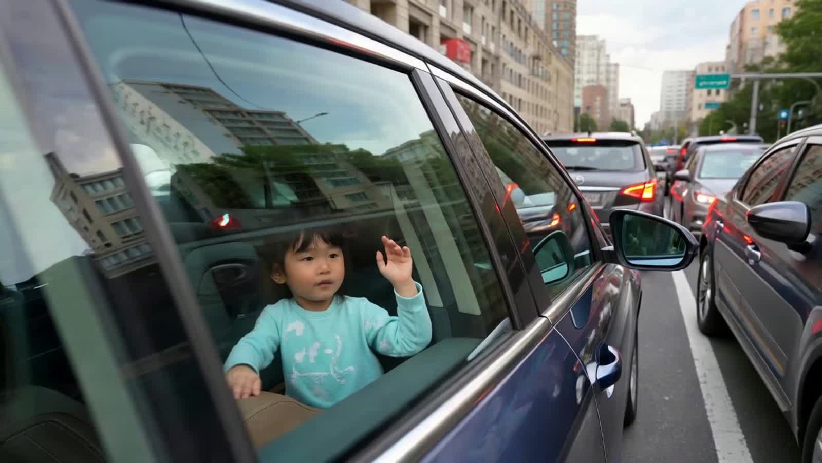 Car stands still in city traffic jam. A little girl in the car is  swiping on the car window, like she is wanting to see...