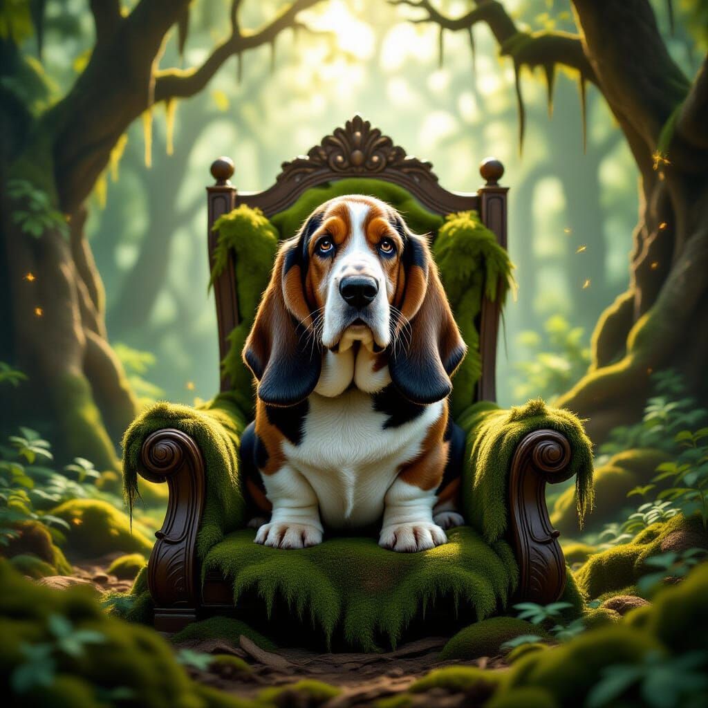 A Basset Hound with long, floppy ears and soulful eyes, sitting regally on a moss-covered throne in a hidden forest clearing. Sunlight filte...