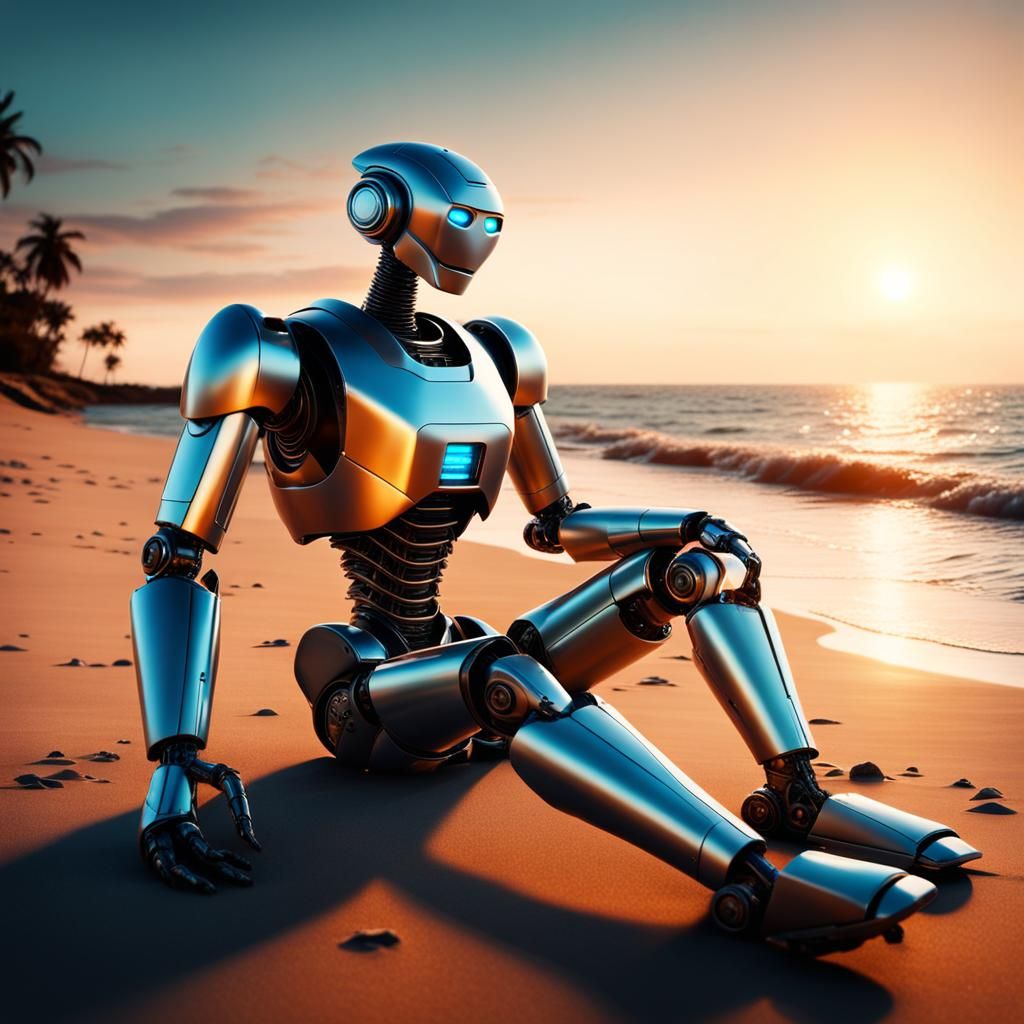 HD photo of Shiny new robot relaxing on the beach by the wat...