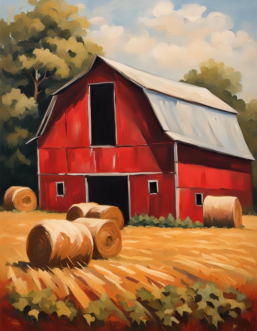 Rustic Barn and Hay Bales: A large, weathered barn stands pr...