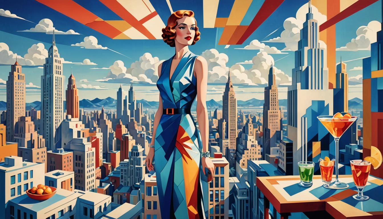 Art deco penthouse, 1930's metropolis, tall lady, cocktail, ...