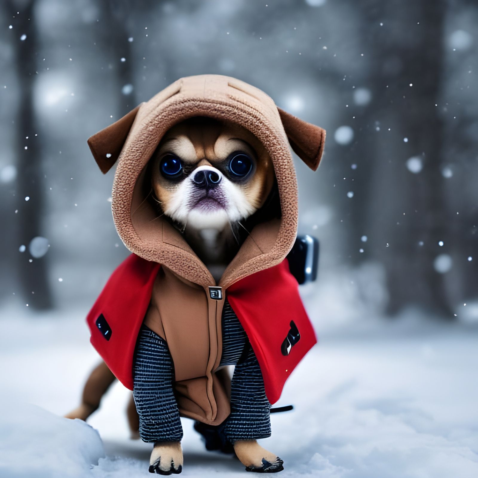 Tiny cute and adorable dog adventurer dressed in a warm overcoat with survival gear on a winters day, 8k resolution real...