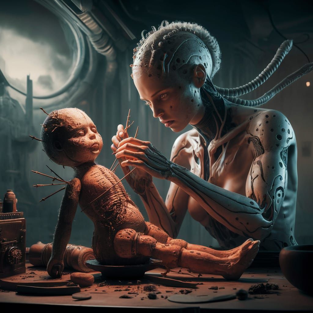 Biopunk human working on a voodoo doll. - AI Generated Artwork ...