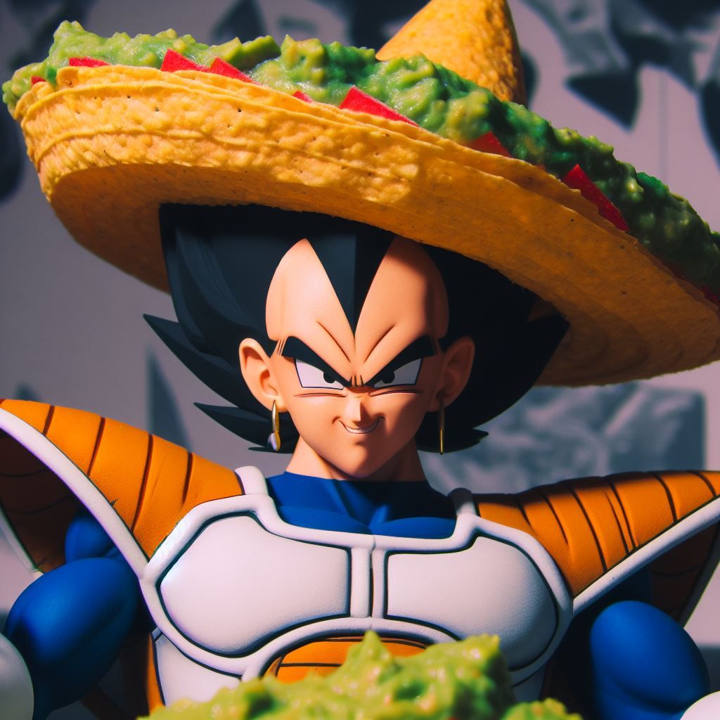Vegeta with a Tortilla Chip Sombrero filled with guacamole AI