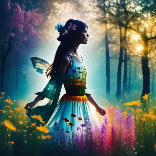 <lora:Silhouette Art AR181:1.0> Double exposure art, wildflowers, fairy