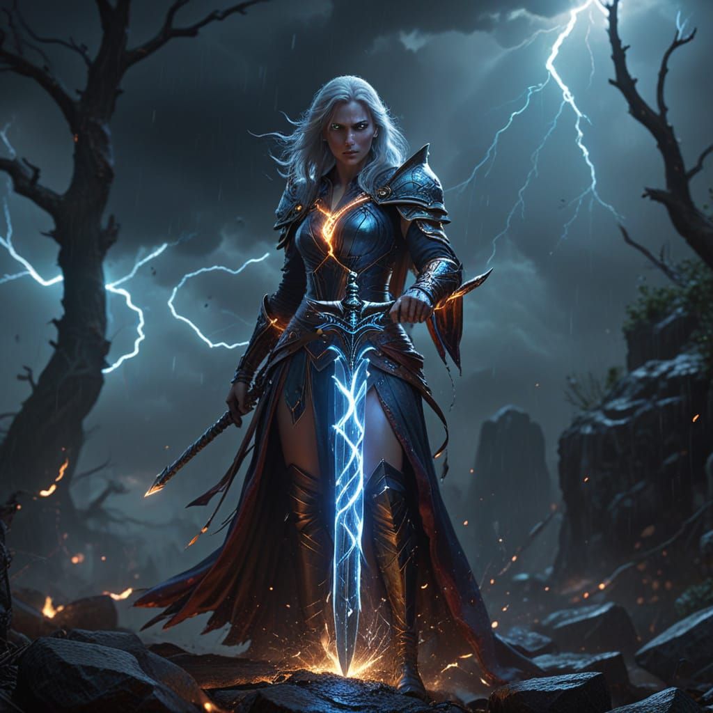 low angle hyperrealistic photo. a powerful sorceress conjures a glowing sword from arcane lightning.
