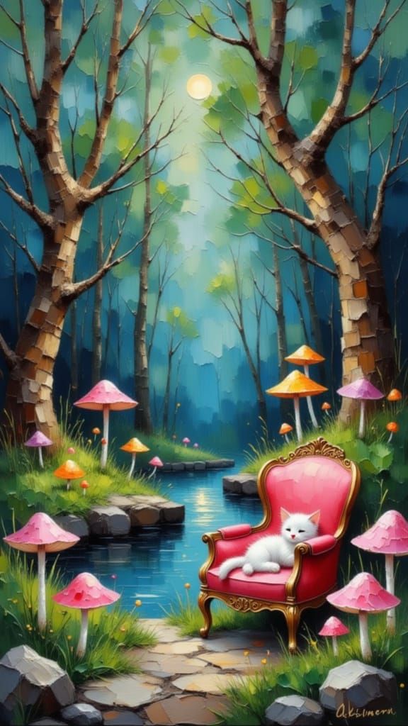 Enchanted Forest Kitten Resting in Ethereal Moonlight