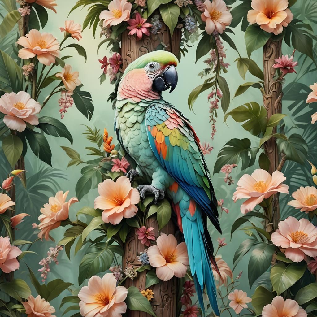 A pastel-colored parrot in the style of floral surrealism, r...